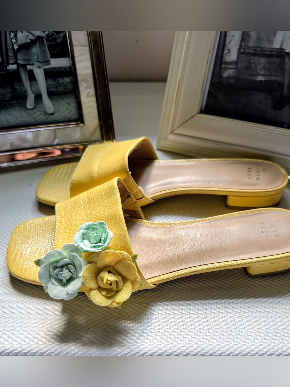 a new day yellow slide sandals with custom made floral accent shoe